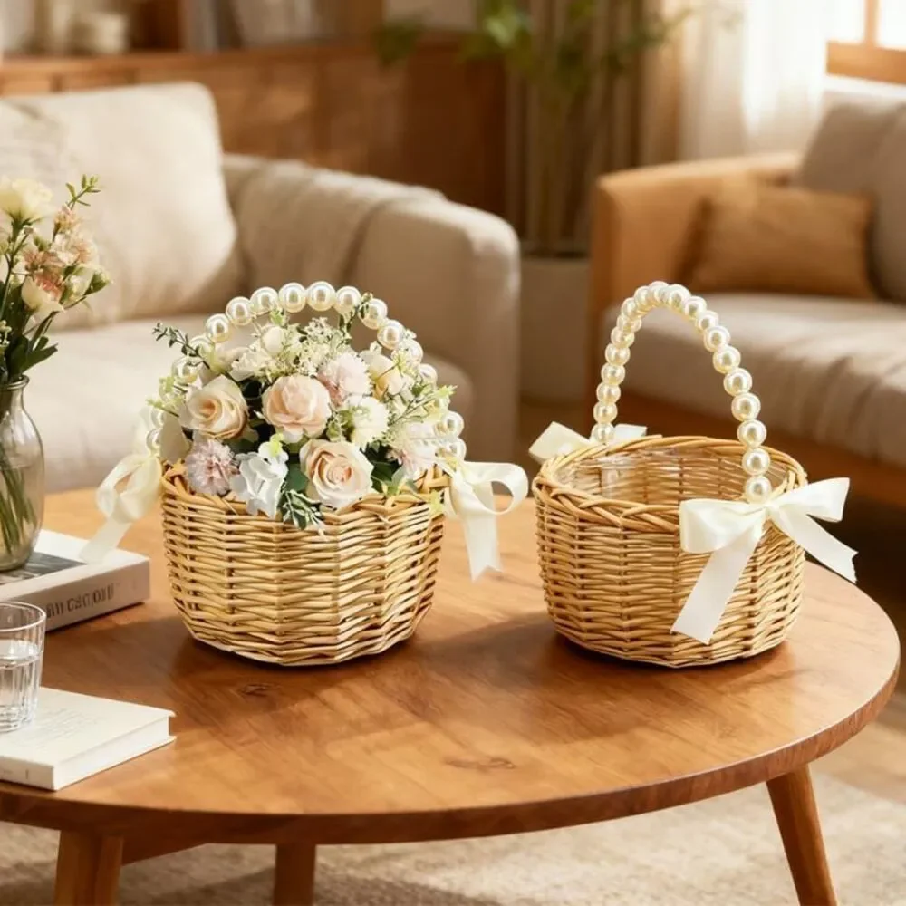 Wicker Rattan Flower Girl Basket With Bows Pearl Handle Flower Basket